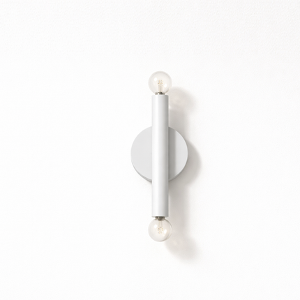 Scandinavian Dual Globe White Wall Sconce on Rustic Oak Panel, Luxury Modern Vertical Vanity Light