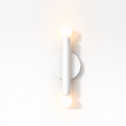 Scandinavian Dual Globe White Wall Sconce on Rustic Oak Panel, Luxury Modern Vertical Vanity Light