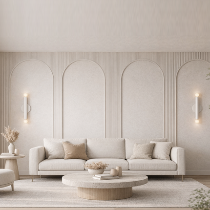 Scandinavian Dual Globe White Wall Sconce on Rustic Oak Panel, Luxury Modern Vertical Vanity Light