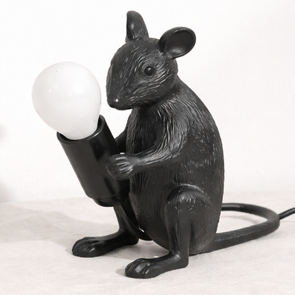 Table Lamp – Artistic Black Mouse Table Lamp Holding Exposed Bulb | Unique Animal Sculptural Accent Lighting for Modern Home Decor