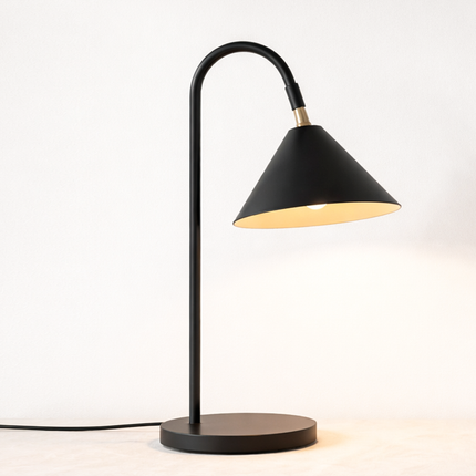Table Lamp – Contemporary Matte Black Cone Table Lamp with Curved Neck Design | Minimal Modern Desk Lighting