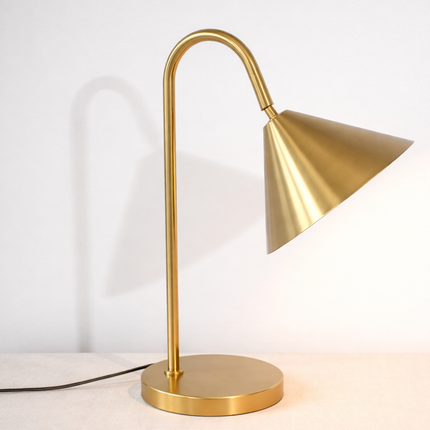 Table Lamp – Elegant Brushed Gold Cone Table Lamp with Curved Arm | Luxury Modern Reading and Office Lighting