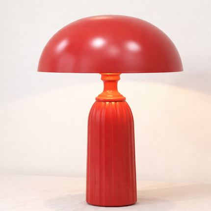 Table Lamp – Bold Modern Red Dome Table Lamp with Elegant Ribbed Column Base | Artistic Mid Century Bedside Lamp for Contemporary Home Decor