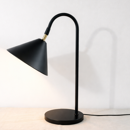 Table Lamp – Contemporary Matte Black Cone Table Lamp with Curved Neck Design | Minimal Modern Desk Lighting