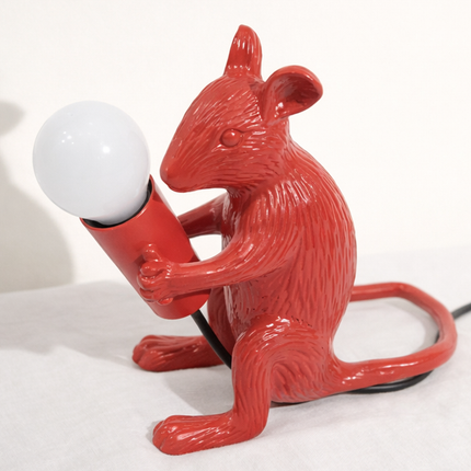 Table Lamp – Modern Red Mouse Table Lamp Holding Exposed Globe Bulb | Artistic Decorative Animal Accent Lighting for Contemporary Interiors