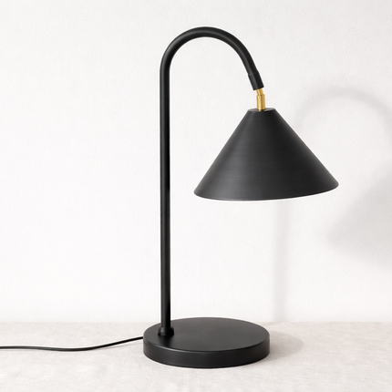 Table Lamp – Contemporary Matte Black Cone Table Lamp with Curved Neck Design | Minimal Modern Desk Lighting
