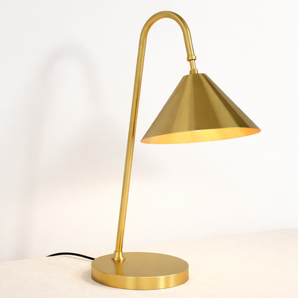 Table Lamp – Elegant Brushed Gold Cone Table Lamp with Curved Arm | Luxury Modern Reading and Office Lighting