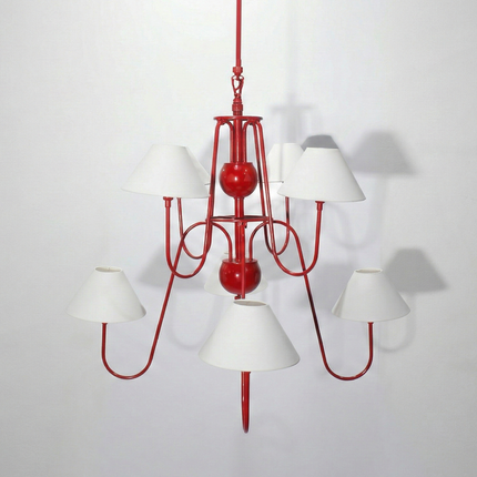 Luxury Matte Red 6 Light Chandelier with White Linen Shades | Modern Ceiling Pendant Light for Dining Room & Kitchen Island