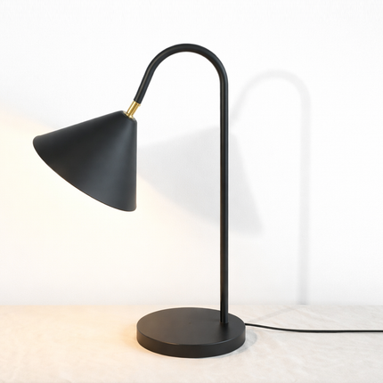Table Lamp – Contemporary Matte Black Cone Table Lamp with Curved Neck Design | Minimal Modern Desk Lighting