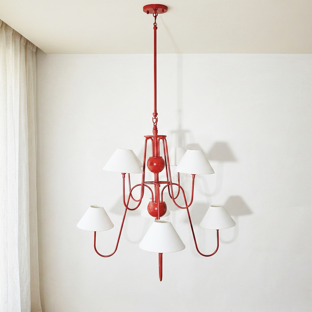 Luxury Matte Red 6 Light Chandelier with White Linen Shades | Modern Ceiling Pendant Light for Dining Room & Kitchen Island