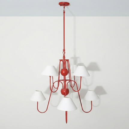 Luxury Matte Red 6 Light Chandelier with White Linen Shades | Modern Ceiling Pendant Light for Dining Room & Kitchen Island