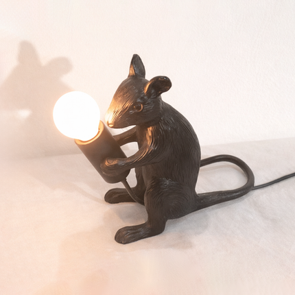 Table Lamp – Artistic Black Mouse Table Lamp Holding Exposed Bulb | Unique Animal Sculptural Accent Lighting for Modern Home Decor