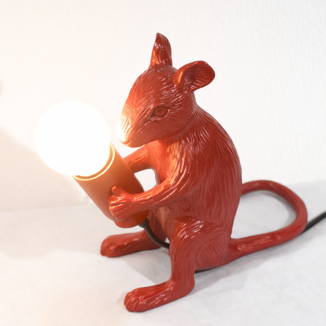 Table Lamp – Modern Red Mouse Table Lamp Holding Exposed Globe Bulb | Artistic Decorative Animal Accent Lighting for Contemporary Interiors