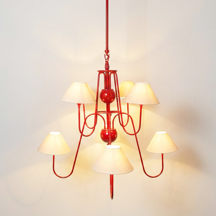 Luxury Matte Red 6 Light Chandelier with White Linen Shades | Modern Ceiling Pendant Light for Dining Room & Kitchen Island