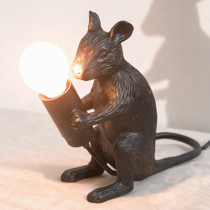 Table Lamp – Artistic Black Mouse Table Lamp Holding Exposed Bulb | Unique Animal Sculptural Accent Lighting for Modern Home Decor