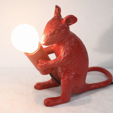 Table Lamp – Modern Red Mouse Table Lamp Holding Exposed Globe Bulb | Artistic Decorative Animal Accent Lighting for Contemporary Interiors