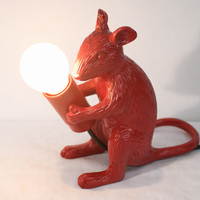 Table Lamp – Modern Red Mouse Table Lamp Holding Exposed Globe Bulb | Artistic Decorative Animal Accent Lighting for Contemporary Interiors