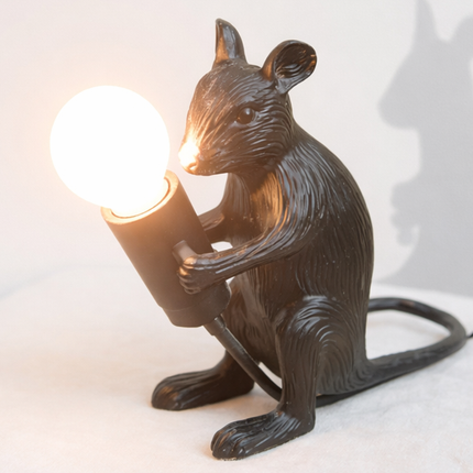 Table Lamp – Artistic Black Mouse Table Lamp Holding Exposed Bulb | Unique Animal Sculptural Accent Lighting for Modern Home Decor