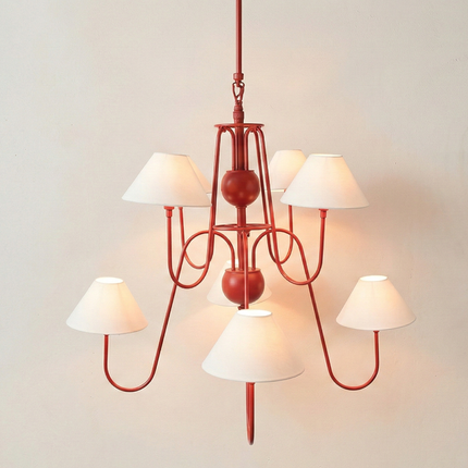 Luxury Matte Red 6 Light Chandelier with White Linen Shades | Modern Ceiling Pendant Light for Dining Room & Kitchen Island