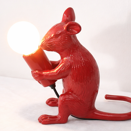Table Lamp – Modern Red Mouse Table Lamp Holding Exposed Globe Bulb | Artistic Decorative Animal Accent Lighting for Contemporary Interiors