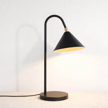 Table Lamp – Contemporary Matte Black Cone Table Lamp with Curved Neck Design | Minimal Modern Desk Lighting