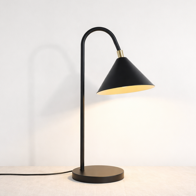 Table Lamp – Contemporary Matte Black Cone Table Lamp with Curved Neck Design | Minimal Modern Desk Lighting
