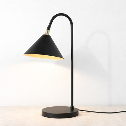 Table Lamp – Contemporary Matte Black Cone Table Lamp with Curved Neck Design | Minimal Modern Desk Lighting
