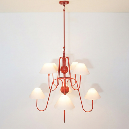 Luxury Matte Red 6 Light Chandelier with White Linen Shades | Modern Ceiling Pendant Light for Dining Room & Kitchen Island