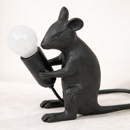 Table Lamp – Artistic Black Mouse Table Lamp Holding Exposed Bulb | Unique Animal Sculptural Accent Lighting for Modern Home Decor
