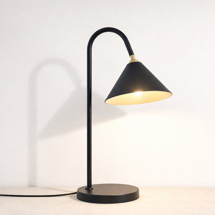 Table Lamp – Contemporary Matte Black Cone Table Lamp with Curved Neck Design | Minimal Modern Desk Lighting