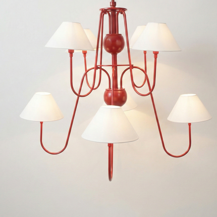 Luxury Matte Red 6 Light Chandelier with White Linen Shades | Modern Ceiling Pendant Light for Dining Room & Kitchen Island