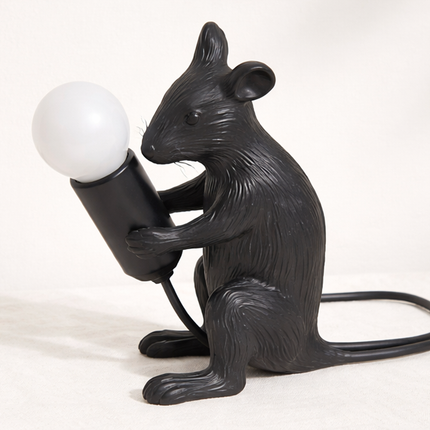 Table Lamp – Artistic Black Mouse Table Lamp Holding Exposed Bulb | Unique Animal Sculptural Accent Lighting for Modern Home Decor
