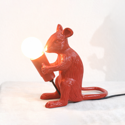 Table Lamp – Modern Red Mouse Table Lamp Holding Exposed Globe Bulb | Artistic Decorative Animal Accent Lighting for Contemporary Interiors