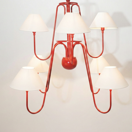 Luxury Matte Red 6 Light Chandelier with White Linen Shades | Modern Ceiling Pendant Light for Dining Room & Kitchen Island