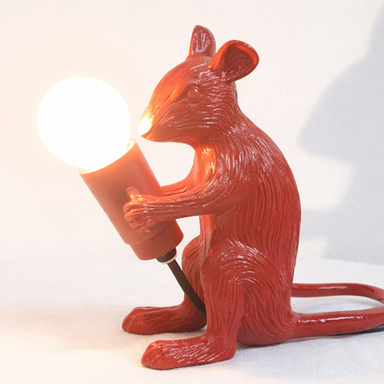 Table Lamp – Modern Red Mouse Table Lamp Holding Exposed Globe Bulb | Artistic Decorative Animal Accent Lighting for Contemporary Interiors