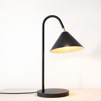 Table Lamp – Contemporary Matte Black Cone Table Lamp with Curved Neck Design | Minimal Modern Desk Lighting