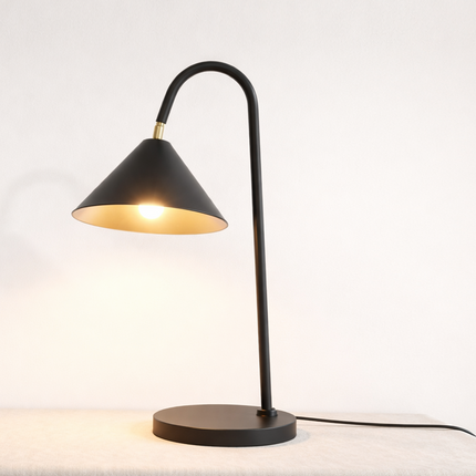 Table Lamp – Contemporary Matte Black Cone Table Lamp with Curved Neck Design | Minimal Modern Desk Lighting