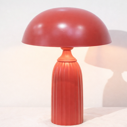 Table Lamp – Bold Modern Red Dome Table Lamp with Elegant Ribbed Column Base | Artistic Mid Century Bedside Lamp for Contemporary Home Decor