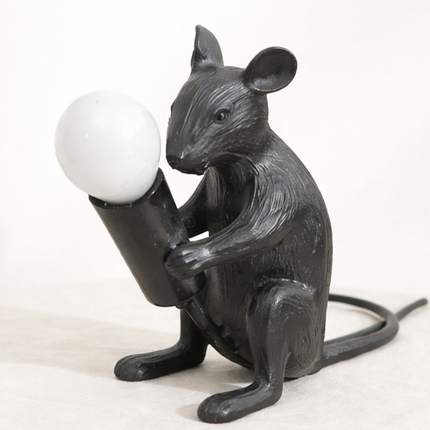 Table Lamp – Artistic Black Mouse Table Lamp Holding Exposed Bulb | Unique Animal Sculptural Accent Lighting for Modern Home Decor