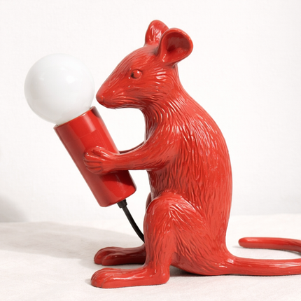 Table Lamp – Modern Red Mouse Table Lamp Holding Exposed Globe Bulb | Artistic Decorative Animal Accent Lighting for Contemporary Interiors