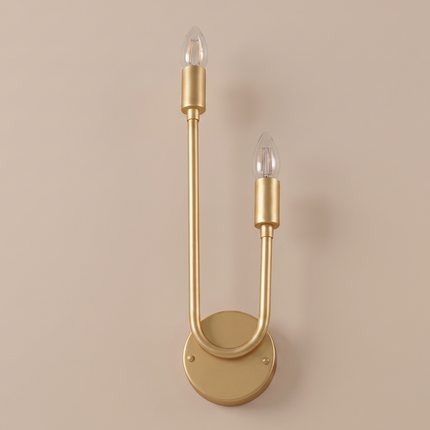Wall Light Gold Brass – Modern Double Candle Sconce with Sculptural U-Shaped Frame, Elegant Brass Finish, Minimalist Statement for Bedroom