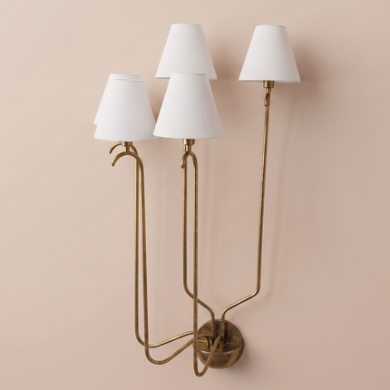 Wall Light Brass antique Multi Light Fixture, Five Arm Wall Lamp with White Fabric Shades, Elegant Nordic Lighting for Living Room & Hallway