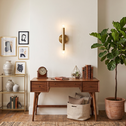 Wall Sconce Gold Double Bulb Lighting Fixture – Minimalist Brass Wall Lamp for Bedroom, Living Room, Hallway, Staircase & Interior Decor.