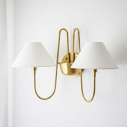 Wall Light Brushed Brass Double Arm Designer Sconce, Mid Century Modern Luxury Wall Fixture with White Linen Shades for Interiors