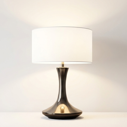 Table Lamp – Modern Metallic Silver Tulip Base Table Lamp with Large Fabric Drum Shade | Sophisticated Contemporary Interior Lighting