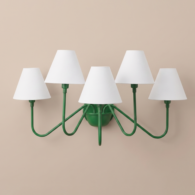 Green 5 Light Wall Sconce, Modern Green Wall Lamp with White Shades, Statement Wall Lighting, Contemporary Bedroom and Living Room Light