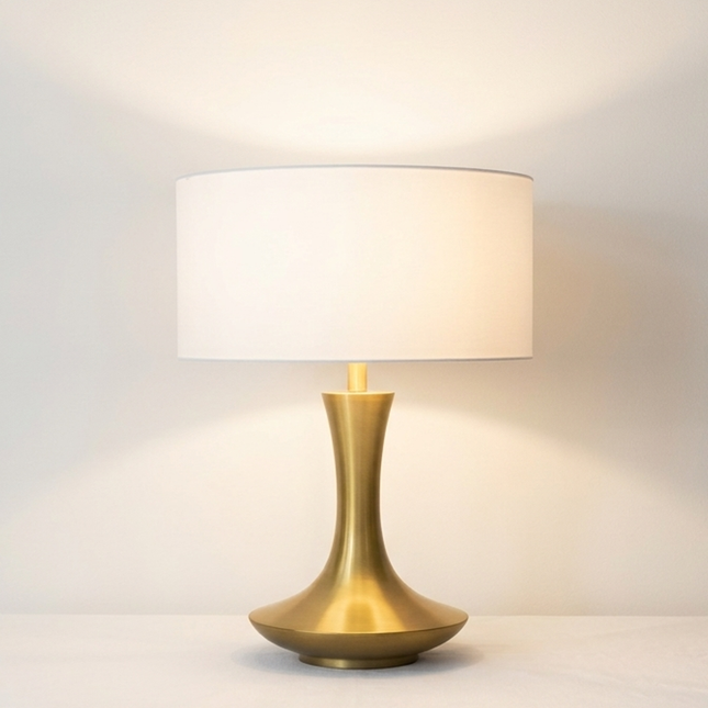 Table Lamp – Luxury Brushed Gold Table Lamp with Elegant Tulip Base and Linen Drum Shade | Modern Glam Bedside Accent Lighting