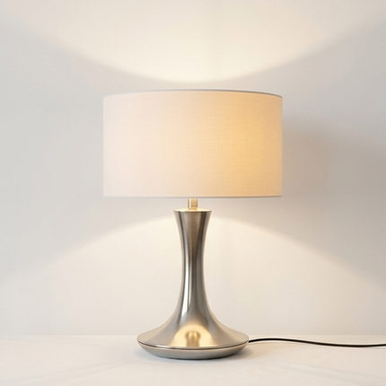 Table Lamp – Modern Metallic Silver Tulip Base Table Lamp with Large Fabric Drum Shade | Sophisticated Contemporary Interior Lighting