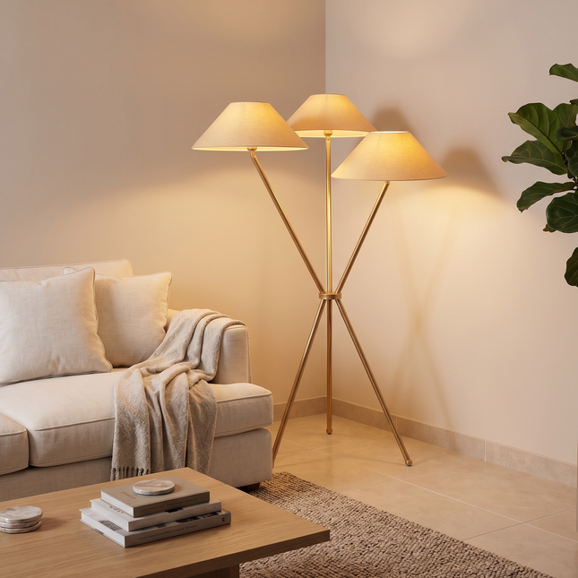 Floor Lamp Tripod Luxury Gold Brass, Modern Triple Light with Shades, Decor Lighting, Light with Triple Cone Shades, Nordic Lighting Fixture
