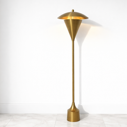 Floor Lamp in Brass Gold Color Modern Scandinavian Lamp with Floating Disc Shade and Warm Ambient Lighting for Luxury Living Room Decor